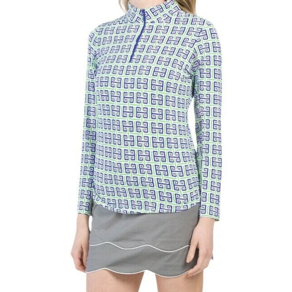IBKUL Long Sleeve Top Size Sm‎ Geo Key Navy Green Golf Tennis Pickleball COOLING